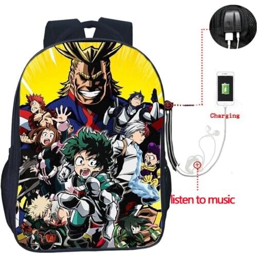 High Quality Boku No Hero Academia USB Charge Double Pocket School Backpack My Hero Academia Laptop knapsack Boy Girl Daily Bag