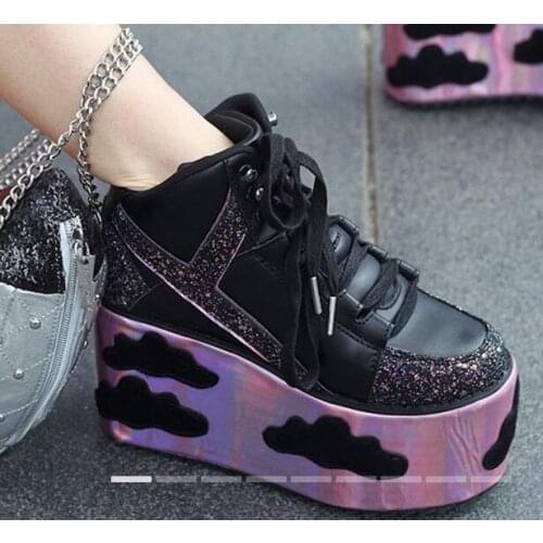 New Girls Black White Cloud Bling Rhinestone Star Thick Sole Platform Shoes Woman Round Toe Lace Up High Top Casual Sneakers