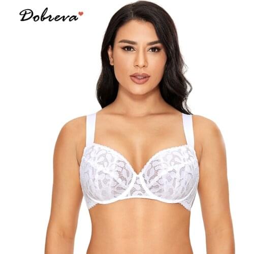 DOBREVA Womens Full Coverage Minimizer Lace Bra Plus Size Underwire Unlined Bralette Plus Size DD E F Cup