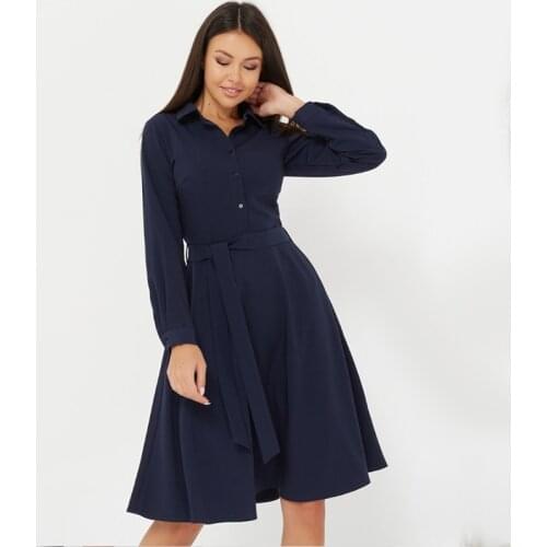 Women Vintage Front Button Sashes A-line Dress Long Sleeve Turn Down Collar Solid Party Dress 2020 New Early Spring Women Dress