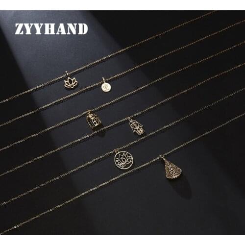 ZYYHAND Women Gold-Color Yoga Style Women Stylish Jewelry Lotus Shape Cross Chain Lady Engagement Pendant Necklace