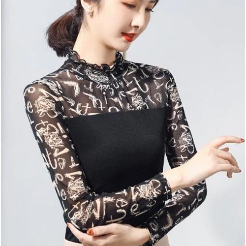 2021 Spring Autumn Women Mesh Tops Fashion Casual Turtleneck Patchwork Women T-Shirt Elegant Slim Print Female Tees Plus Size