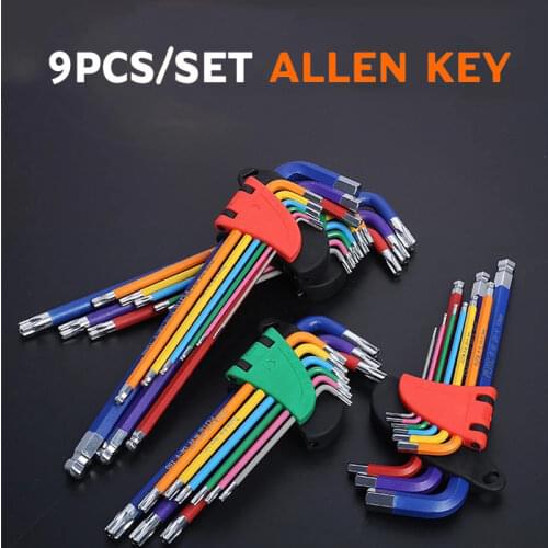 9Pcs 1.5mm-10mm CRV Steel Hex & Torx Key Set Allen Wrench Color Coded Ball-End L Wrench Set Torque Metric Bicycle Hand Tools