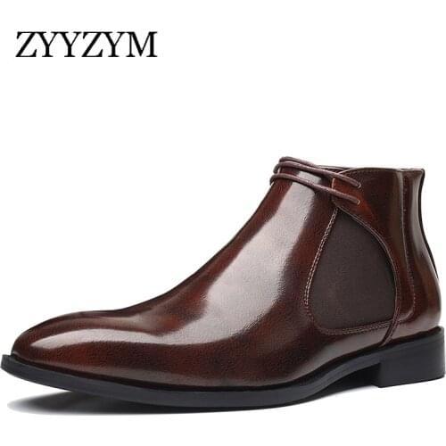ZYYZYM Men Chelsea Boots Square Head Plain Face Overshoot Business Casual Leather Boots Mens Shoes Plus Size 38-48