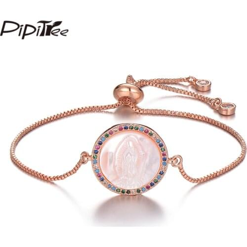 Pipitree Natural Shell Virgin Mary Bracelets Femme Multi Cubic Zirconia Round Charm Bracelet for Women Adjustable Chain Jewelry