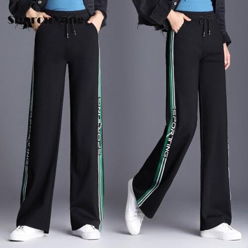 Autumn New Wide Leg Pants Women Plus Size Elasticity High Waist Sport Pants Ladies Full Length Trousers Large Size Side Stripe