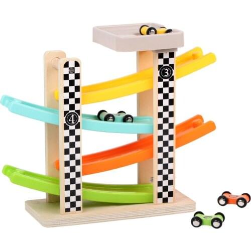Wooden 4-Layer Ramp Race Track & 4Mini Inertia Car Sliding Toy Vehicel&Train Baby Toddler Motor Skill Developmental Kids Gift