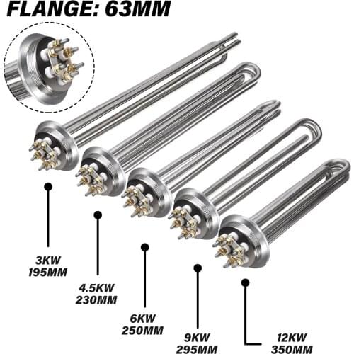 2" Tri-clamp (OD63) 220V Electrical Heating Element Immersion Water Heater Water Oil Heater Pipe 3/4.5/6/9/12KW All 304SUS