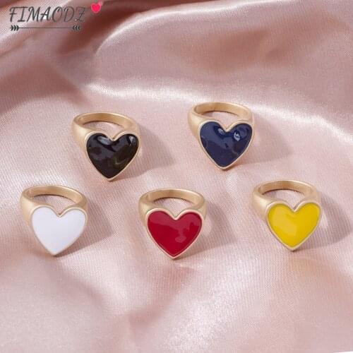 FIMAODZ Retro Romantic Heart Rings for Women Color Red Black White Oil Love Metal Ring Couple Jewelry