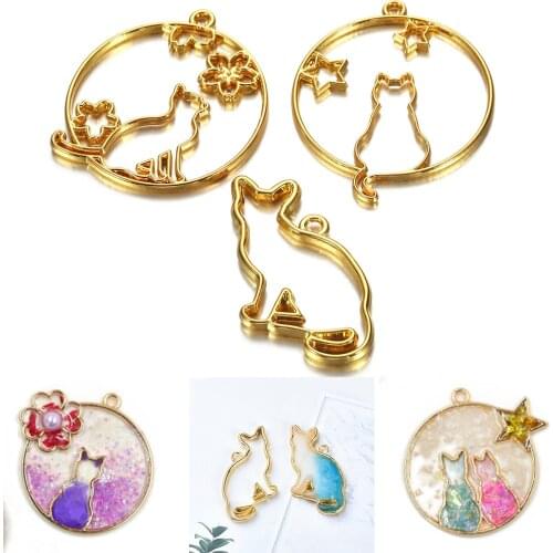 5Pcs/Set Gold Cute Cat Hollow Frames Pendant Open Bezel Setting UV Epoxy Resin Molds For DIY Jewelry Making Craft Accessories