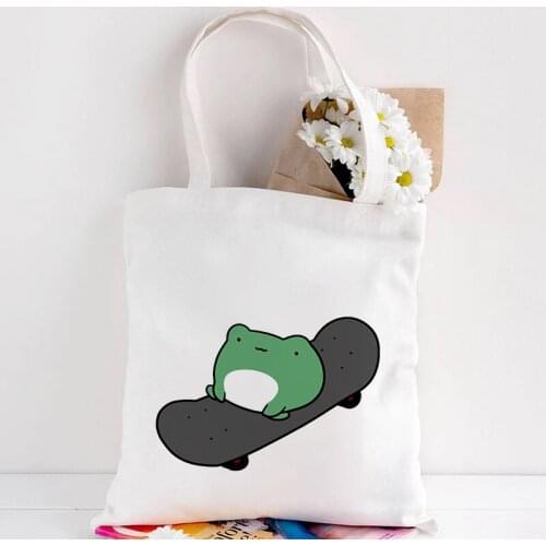 Kawaii Skateboard Frog Dinosaur Shopping Bag Reusable Canvas Shopper Bag Handbag Women Female Cotton Cloth Shoulder Bag Tote Bag