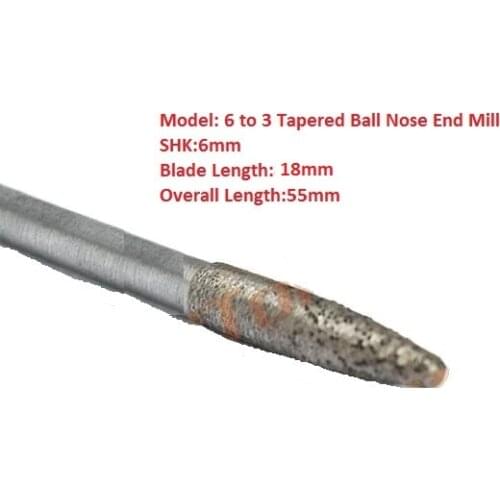 1pc 6 to 3mm Tapered Ball Nose End Mill, Sintered Stone Diamond Router Bits, Engraving Tool Bits for Tile Granite CNC Kit