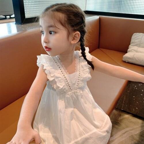 2021 Girls Summer dress white cotton ruffles Lace Baby Kids Sleeveless dress Elegant Birthday Princess Dresses Children Clothes
