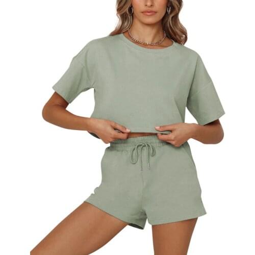 Summer Tracksuits Womens Two Peices Set Leisure Outfits Cotton Short Style T-shirts High Waist Shorts Solid Color Shorts Sets