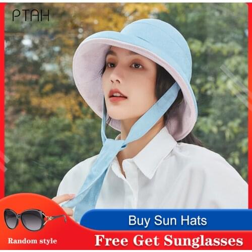 [PTAH] Summer New Womens Empty Top Hats Sun Protection Cloth Foldable Windproof Rope Beach Hats Breathable Comfortable Female