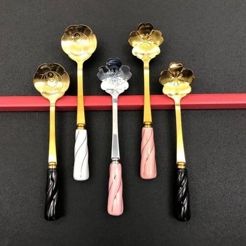 Flower Shape Coffee Mixing Spoon Delicate Petal Shape Stainless Steel Ceramic Ice Cream Demitasse Milk Scoop Kitchen Spoons ложк