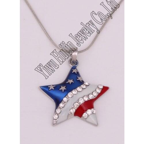 Fashion rhodium plated zinc studded with sparkling crystal American Flag star pentagram charm necklace