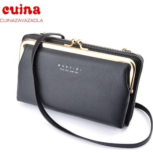 Fashion Women Wallet Solid Color Leather Shoulder Straps Shoulder Bag Mobile Phone Big Card Holders Wallet Handbag Pockets Girls