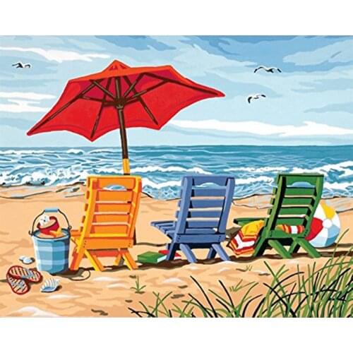 FSBCGT Beach Chair Landscape Picture By Number Kits Acrylic Oil Paint By Number For Adult Hand Painted On Canvas Home Wall Decor