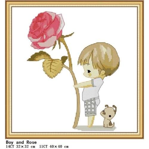 Little Boy with Rose Flower 14ct 11ct Counting Cross Stitch Kit Pattern Embroidery Kit Printed on Canvas DIY Handmade Needlework