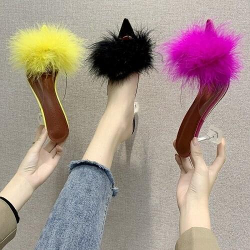 2021 New PVC Shoes Woman Feather Transparent High Heels Fur Pumps Slippers Women Peep Toe Mules Lady Pumps Slides White
