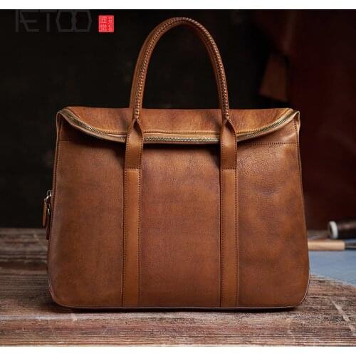AETOO Vegetable tanned leather briefcase, youth art retro handbag, computer bag, business charm mens bag