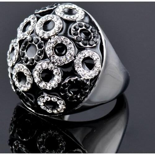KIOOZOL Luxury Black Silver Color Lotus Enamel Micro Inlaid CZ White Gold Plated Ring For Women Vintage Jewelry 169 KO2