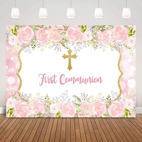 Pink Flowers First Communion Background Watercolor Rose Golden Cross Backdrop Girls God Bless Baptism Party Banner Decorations