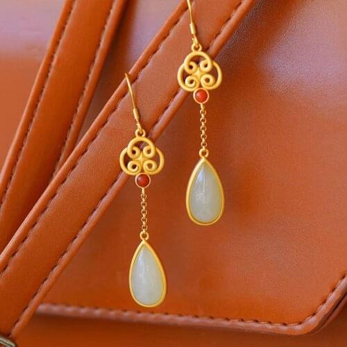 S925 Sterling Silver Chinese Knot Earrings Gilding Inlaid Natural Hetian Jade Water Drop Earrings Retro Fairy Jade Earrings