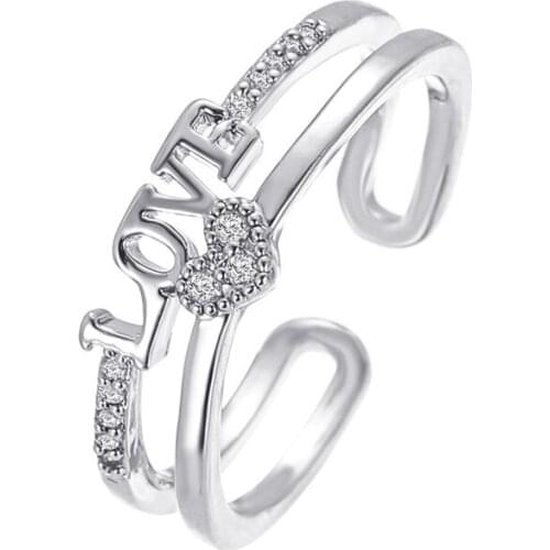 Sweet Crystal Heart Rings for Women Open Letter Love Rings Simple Party Jewelry Gifts