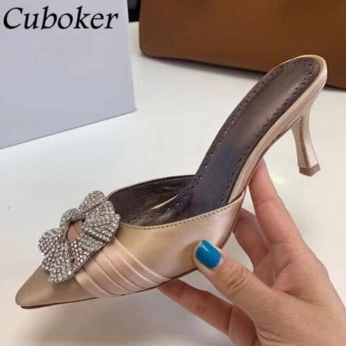 Brand Designer Crystal Women Slippers Pointed Toe Stain Female Slides Summer Elegant Women High Heel Slippers Zapatos Mujer