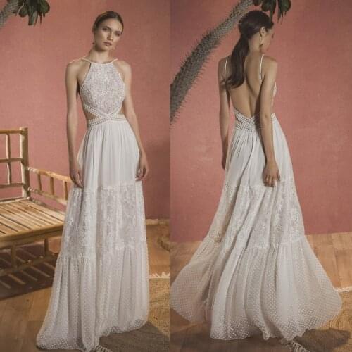 Bohemian Floor Length Wedding Dresses 2020 Jewel Neck Lace Appliqued Boho Beads Bridal Gowns A Line Backless Wedding Dress