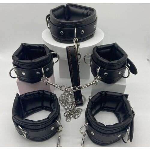 Slave Leather Bondage Strap Harness of Handcuffs Collar Restraints with Metal Chain for Bdsm Adults Traction Flirt Sex Games