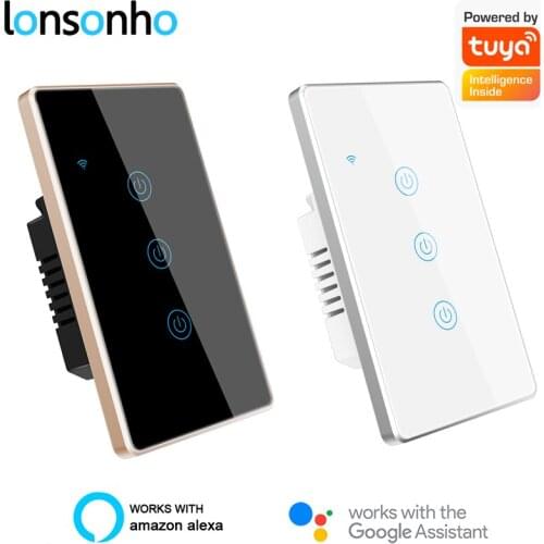 Lonsonho Tuya Smart WiFi Switch US 110V Neutral Wire Required Metal Frame Glass Touch Panel Light Switch Works Alexa Google Home