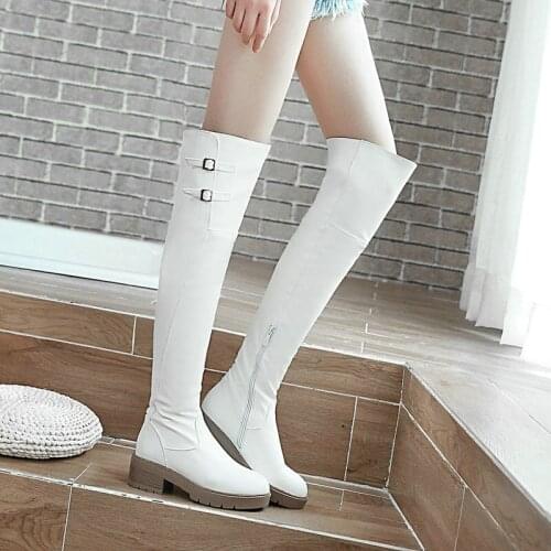 Autumn and Winter Faux Leather Women Long Boots Over the Knee Boots Thigh High Rider Boots Round Toe Flat Boots Large Size 34-43