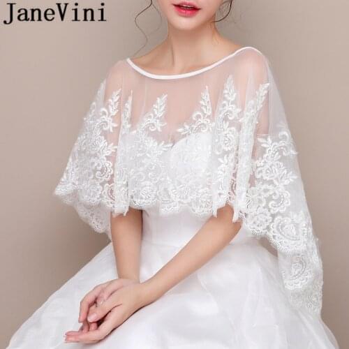 JaneVini Elegant Lace Bride Bolero Appliques Women Shawl Wedding Bridal Cape See Through Tulle Female Stoles Wrap Shrug Cover Up