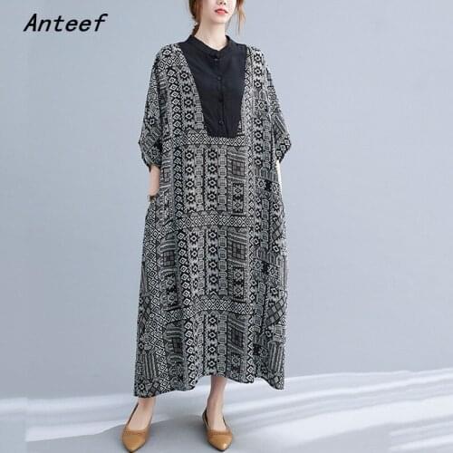 Anteef short sleeve cotton vintage floral dresses for women casual loose long woman summer dress elegant clothes 2021