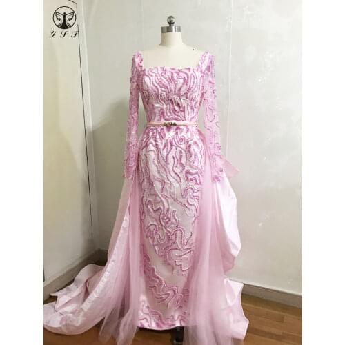 2020 Designer Square Neck Beaded Stones Heavily Long Sleeve Straight Pink Evening Dresses with Overskirt