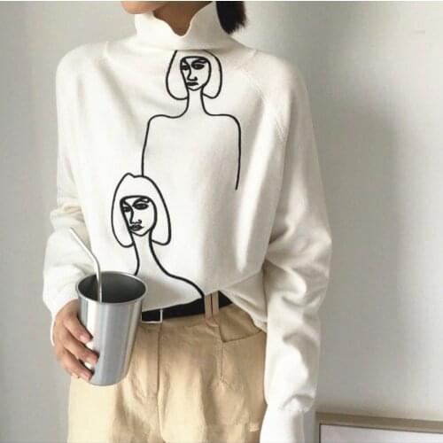 2021 Autumn Women Cartoon Print Pullovers Long Sleeve Turtleneck Women Knitting Sweater Femme Pull Femme