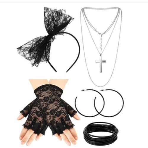 80s Fancy Dress Costume Accessories Lace Headband Earrings Fishnet Gloves Necklace Bracelet for 80s Retro Part