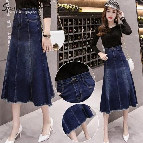 SparkDora 2020 Spring New Denim Old Skirt Big Swing Skirt Long Skirt Fresh High Waist Elastic Versatile Umbrella Skirt