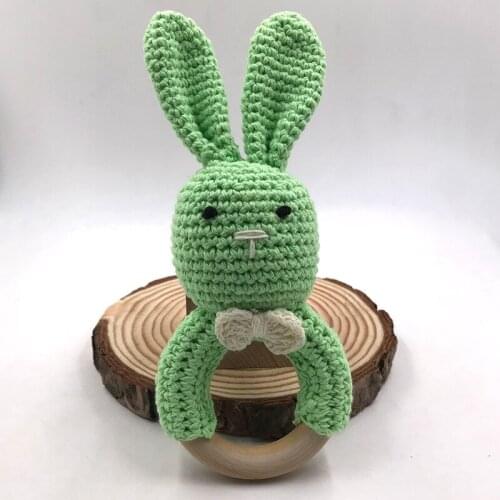 Baby Teething Ring Crochet Rabbit Chewie Teether Safety Wooden Teether Natural Bunny Sensory Toy Gift