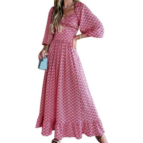 Elegant Ladies Casual Ethnic Printing Wide Hem Hollow Out Lantern Sleeve Red Dress Vestidos Boho Female Beach Dress Sundress