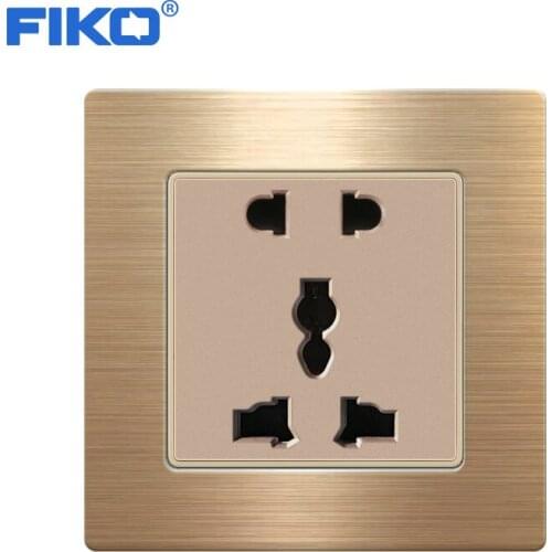 FIKO 86*86mm 13A UK universal wall power socket stainless steel panel , 5 hole home hotel power outlet Champagne gold
