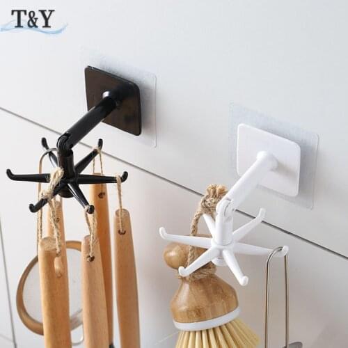 T&Y 4 Pieces 360 Degrees Rotating Folding Hook Self-Adhesive 180 Degrees Vertical Flip Hook Waterproof Utility Hook for Kitchen