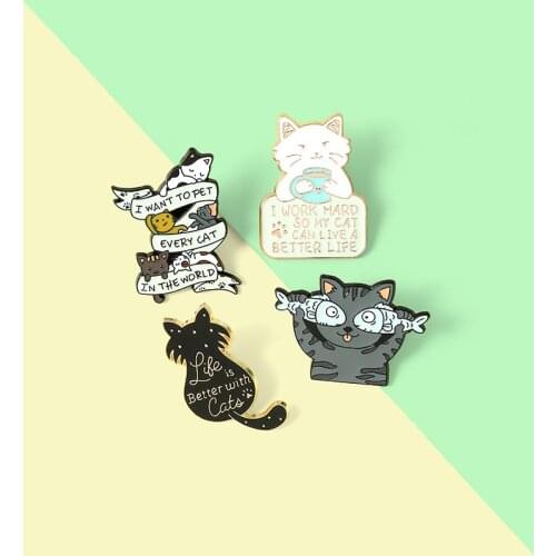 Cartoon Fun Animal Cat Eating Fish Enamel Brooch Black Cat Back View Catch Fish Drinking Water Pins Alloy Badge Sweet Jewelry