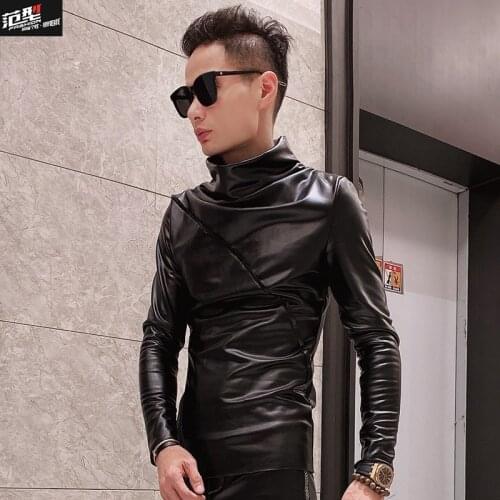 Nrw Plus Velvet Thick Warmth Tops Mens Winter High-necked Korean Tight Long Sleeved Bottoming Shirt PU Leather T shirt Male