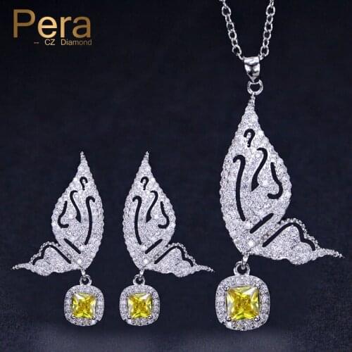 Pera Trendy Silver Colour Big Butterfly Shape Yellow Cubic Zirconia Necklace And Earrings Set For Women Party Jewelry J227