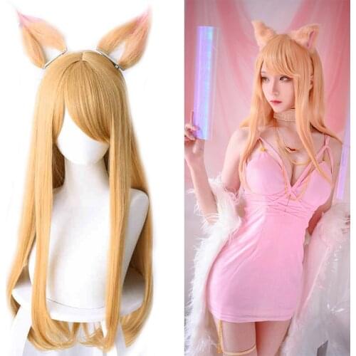 FGY Game League Of Legends Ali Cosplay Wig With Ears 70 Cm Golden Female Synthetic Wig KDA LOL Ali Costume Party Halloween Wig