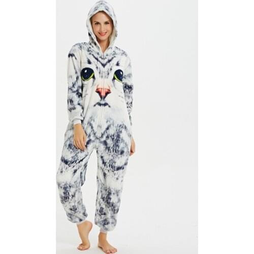 Cartoon Woman Animal Flannel Sleepwear Hot Sale Cat Unisex Adult One-Piece Pajamas Cosplay Onesies Christmas Halloween Costume